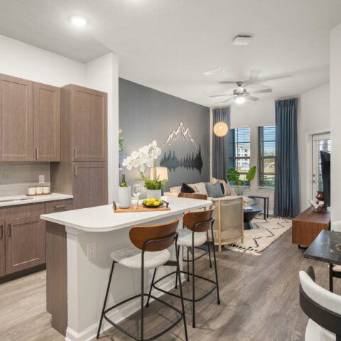kitchen, dining, and living room open concept floor plan at Sanctuary at Daytona