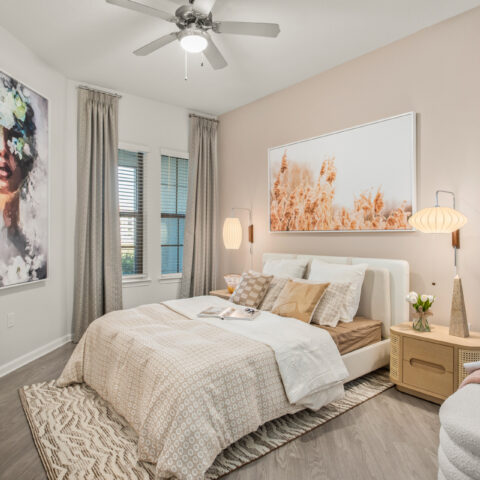 calming large modern bedroom styled with furniture and decorations at Sanctuary at Daytona