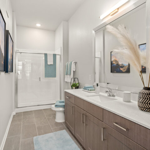 modern bathroom with glass shower and vanity with extra storage at Sanctuary at Daytona