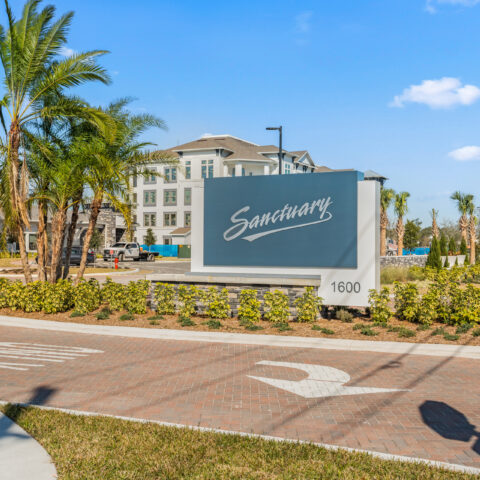 entry welcome sign from the road at Sanctuary at Daytona
