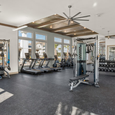 gym with weights, treadmill, equipment at Sanctuary at Daytona